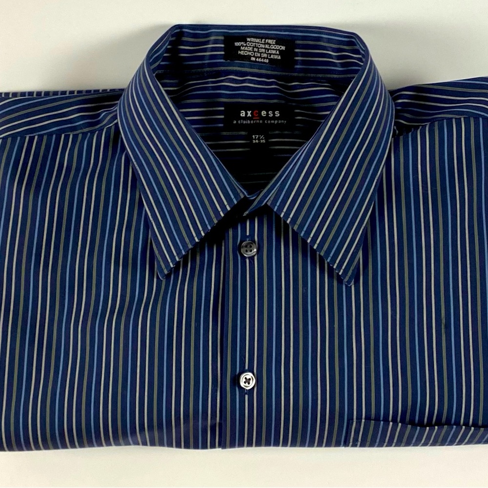Wrinkle Free 100% Cotton Men’s Blue Striped Dress Shirt Claiborne | 17.5 34-35